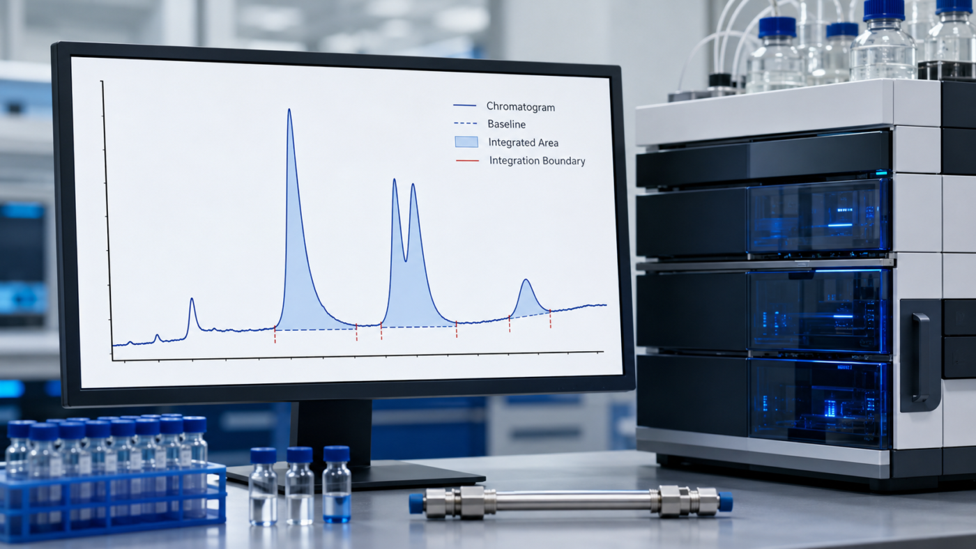 HPLC peak integration showing baseline selection and integrated peak areas